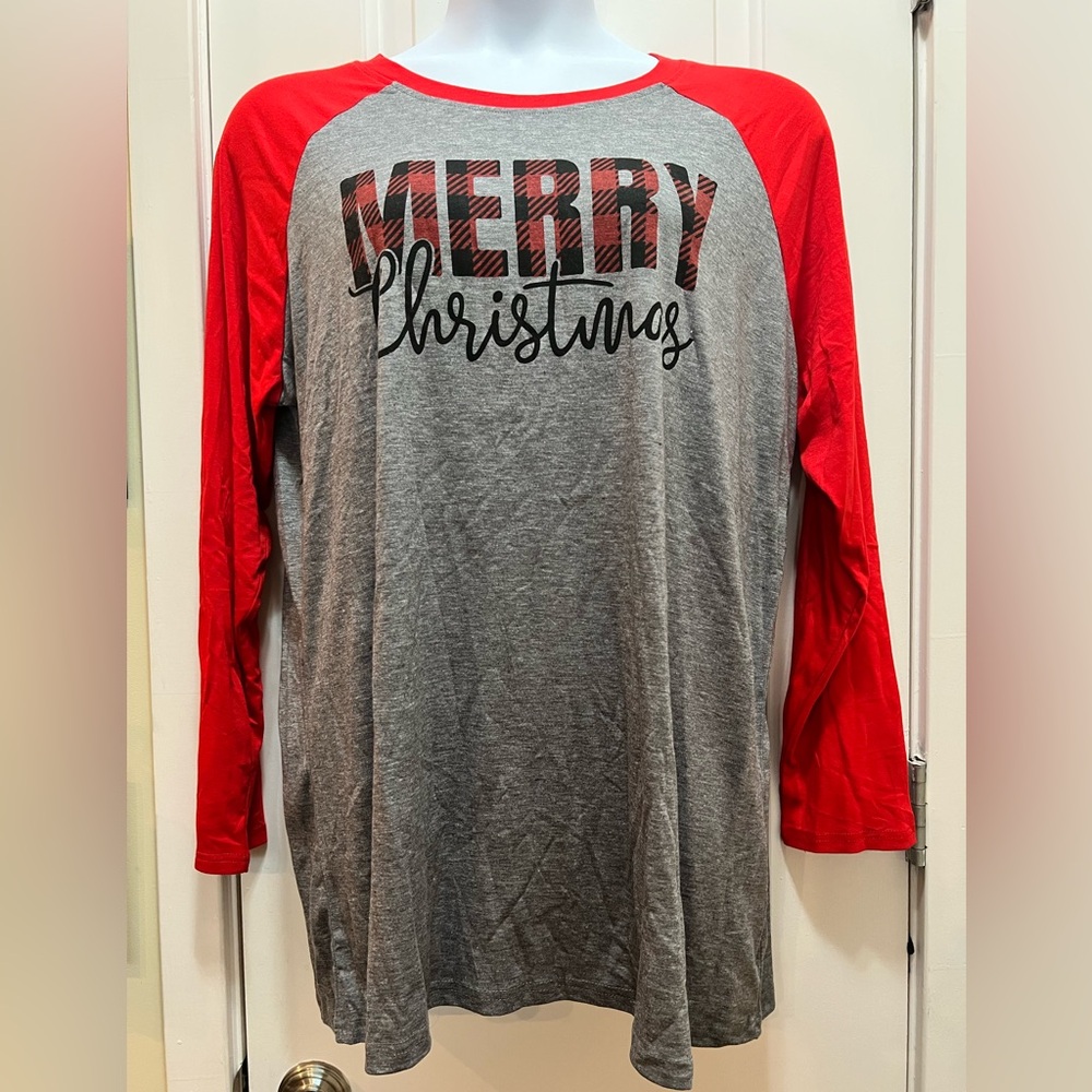 Gray and Red Long Sleeve Christmas Tee